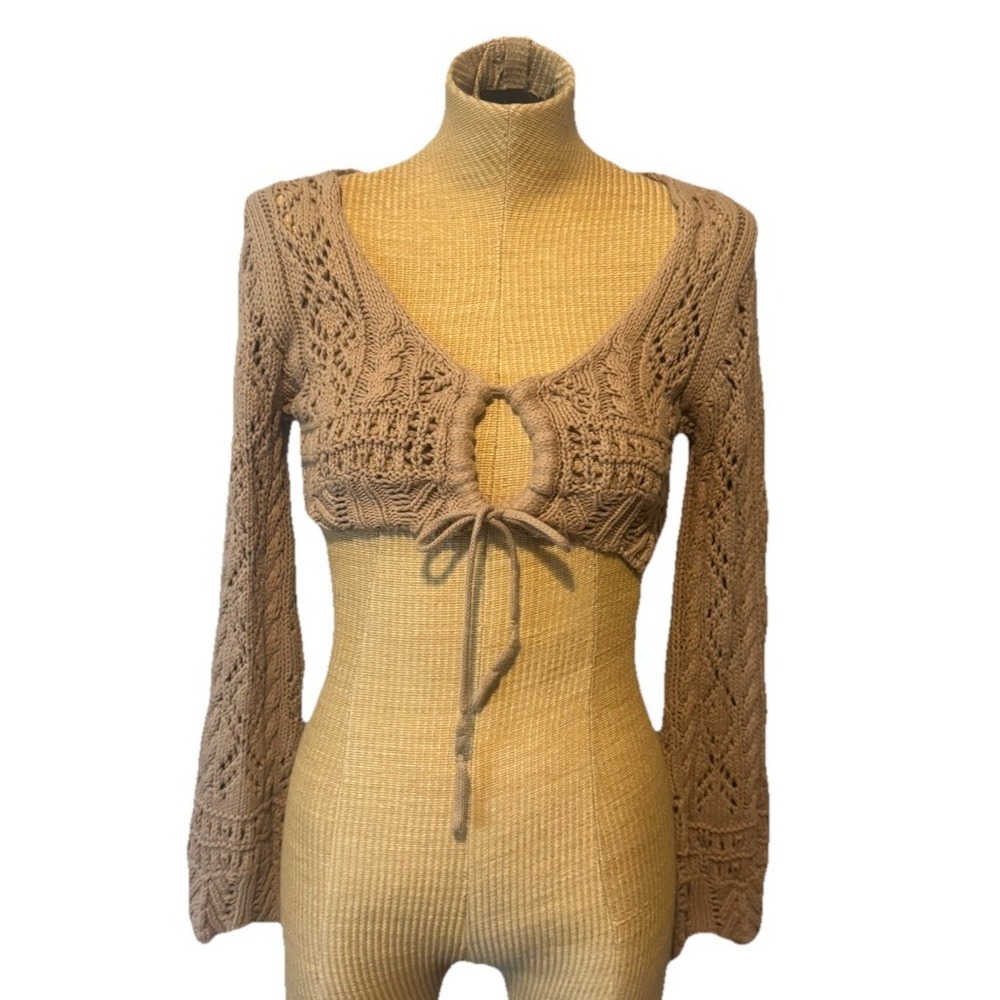 Audrey Parks Francesca's Brown Chunky Knit‎ Cropped Sweater Shrug Tie Small